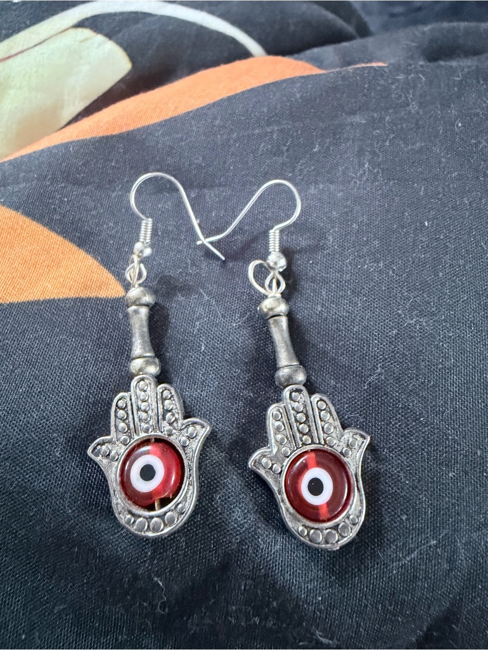 Hand of Fatima Silver-Tone Hamsa Earrings with Red Evil Eye